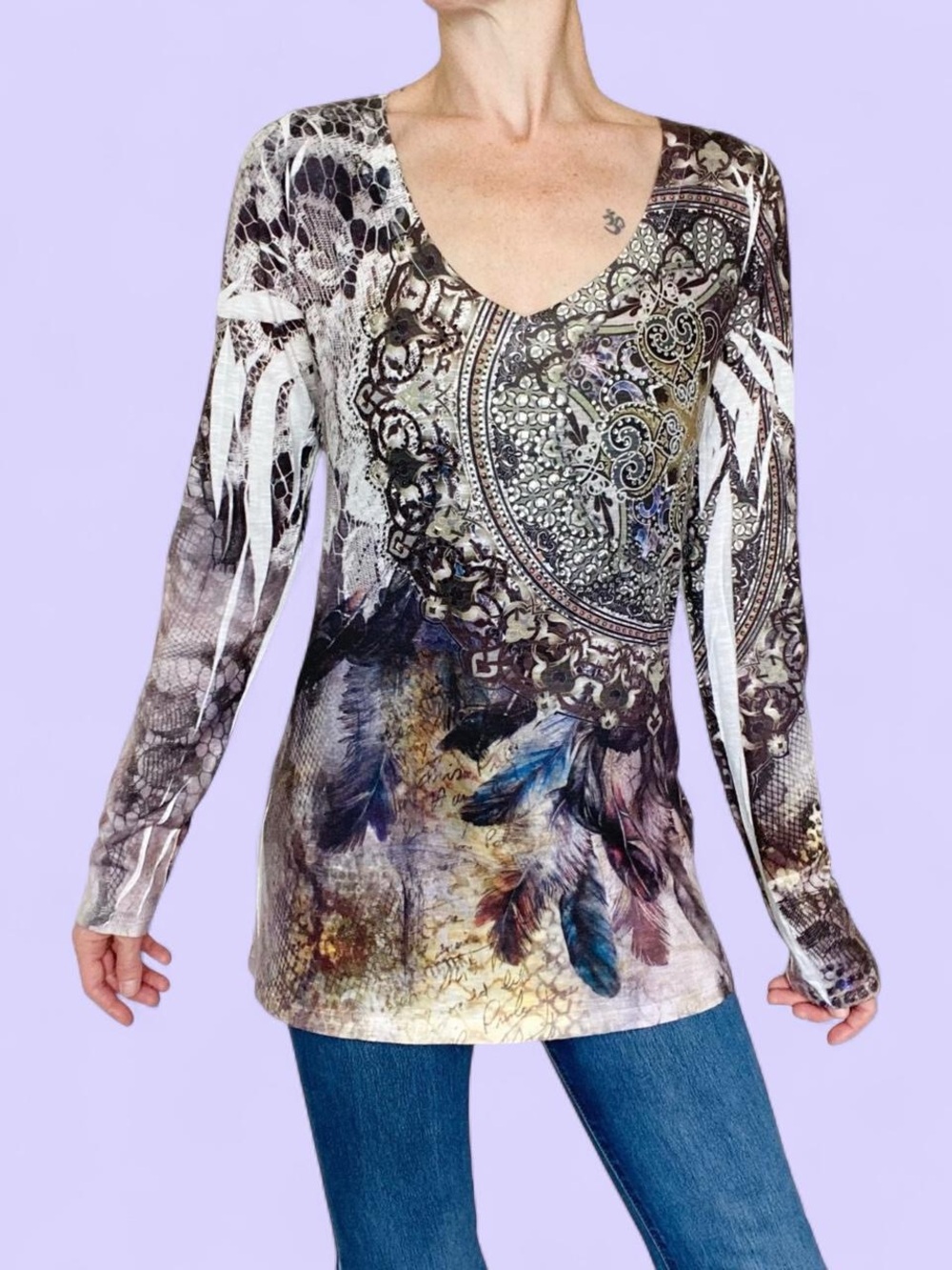 Retro Day Trip Beaded Feather Abstract Gem Printed Shirt
